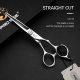 Professional stainless steel straight cut hair scissors on black background, CD-55 model