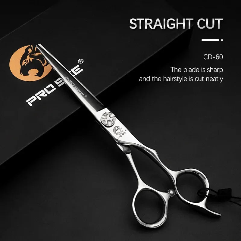 Professional straight cut hairdressing scissors CD-60 on black background with box