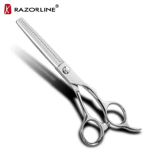 Professional hair thinning scissors with ergonomic handles on white background