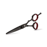 Professional black hair cutting scissors with red finger rings and ergonomic handle