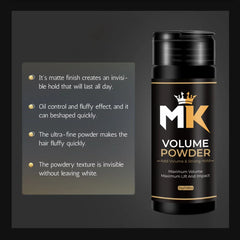 Black bottle of MK Volume Powder for hair with text highlighting matte finish, oil control, and invisible hold.
