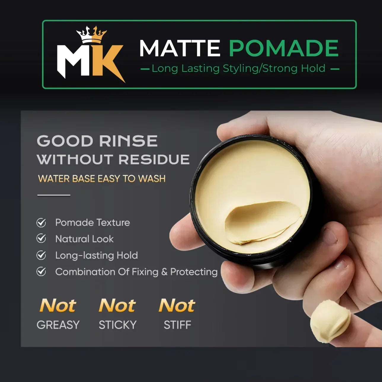 Hand holding matte pomade hair styling product with creamy texture, strong hold, and natural look.