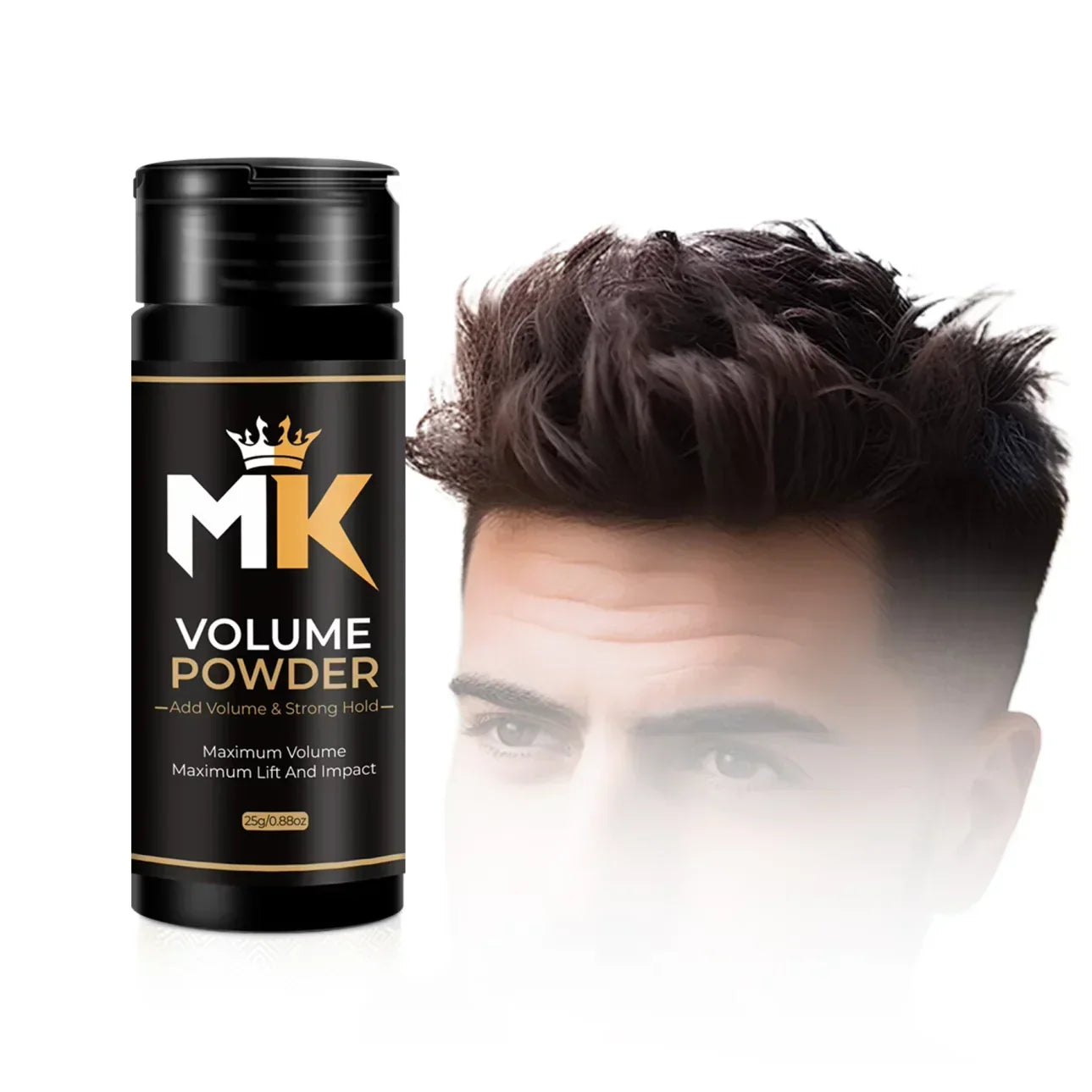 MK Volume Powder bottle with strong hold next to styled voluminous men's hair