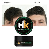 Before and after hair styling with MK matte pomade, showing strong hold for men’s hair.