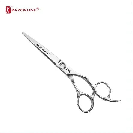 Professional stainless steel hair cutting scissors with ergonomic handle, Razorline logo