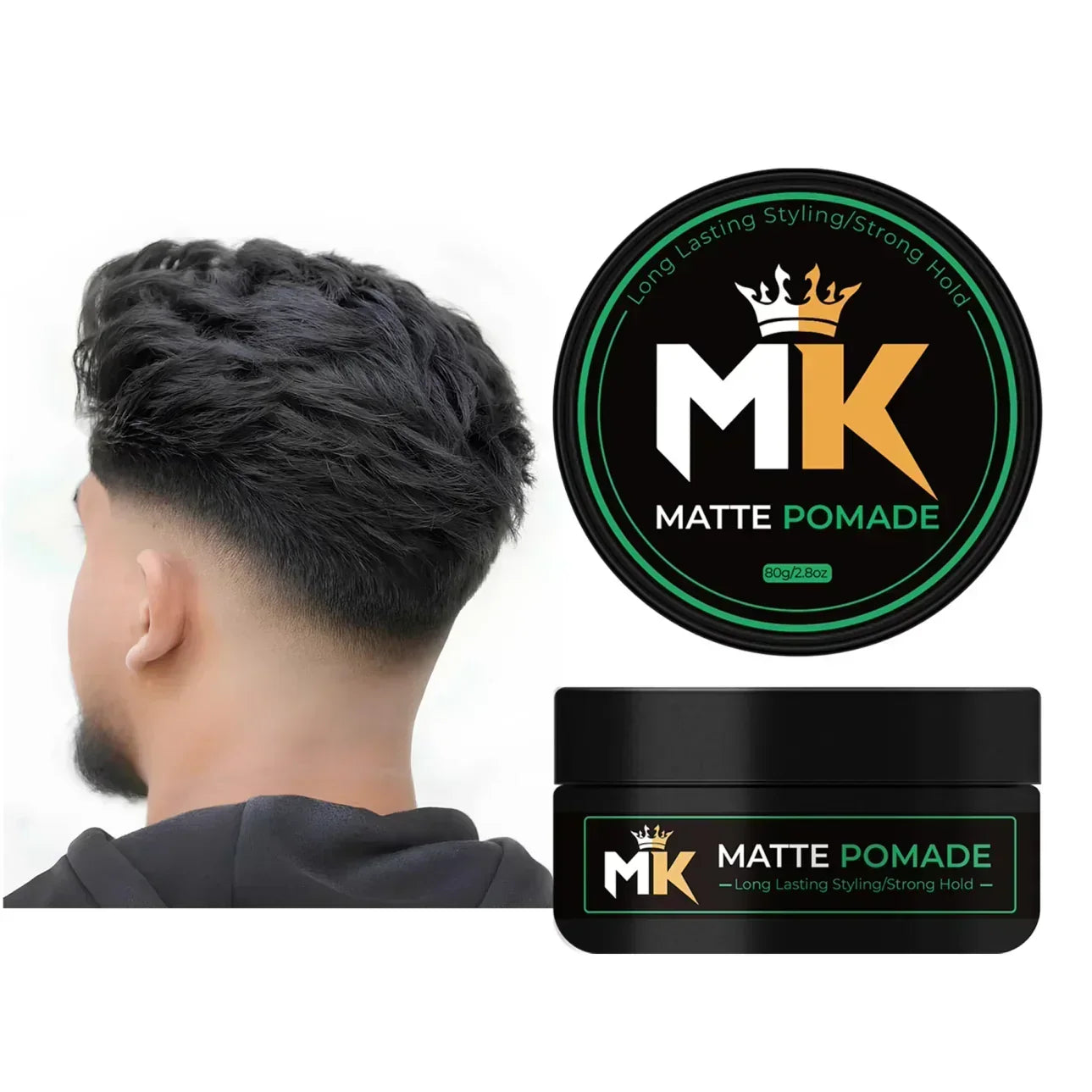 MK Matte Pomade hair product with strong hold next to styled men's haircut