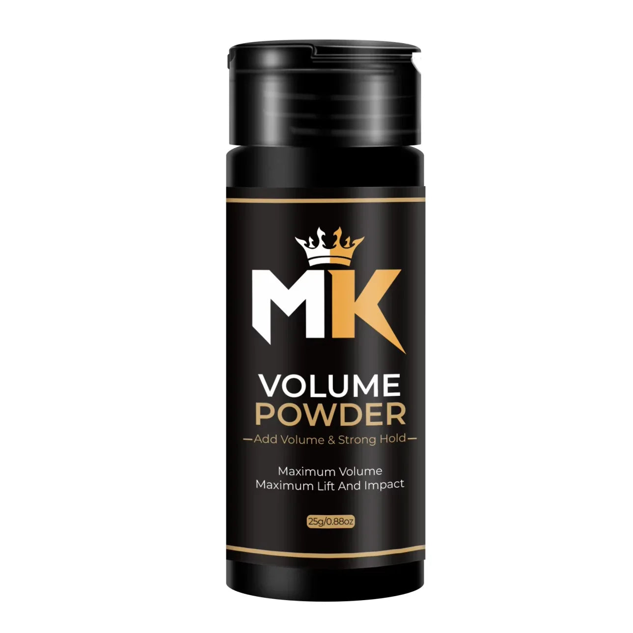 Black bottle of hair volume powder with gold and white text, labeled for strong hold and lift.