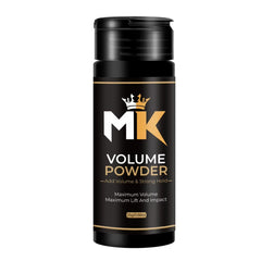 Black bottle of hair volume powder with gold and white text, labeled for strong hold and lift.