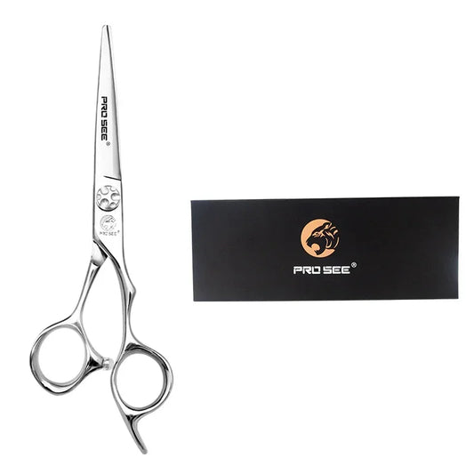 Professional hair cutting scissors with ergonomic handle and black case for barbers