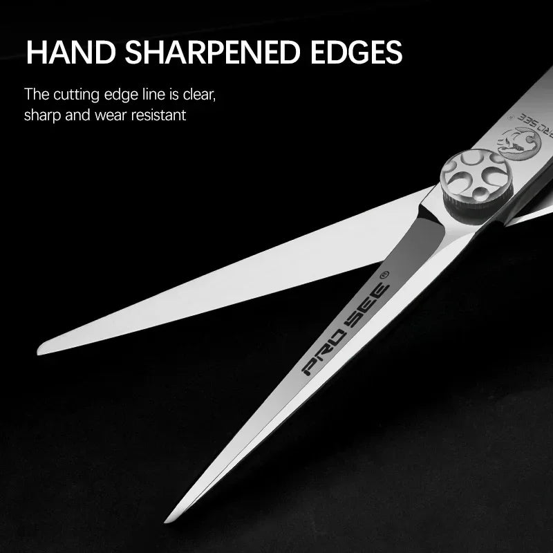 Professional hair cutting scissors with hand sharpened edges on black background