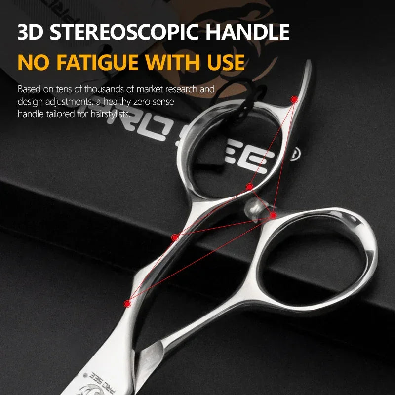 Professional hairdressing scissors with ergonomic 3D handle and anti-fatigue design