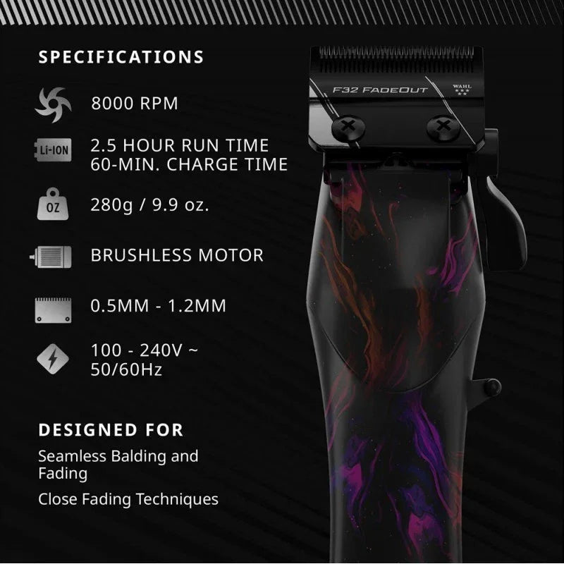 Professional hair clipper with F32 FadeOut blade, brushless motor, and key specifications listed.