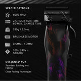 Professional hair clipper with F32 FadeOut blade, brushless motor, and key specifications listed.