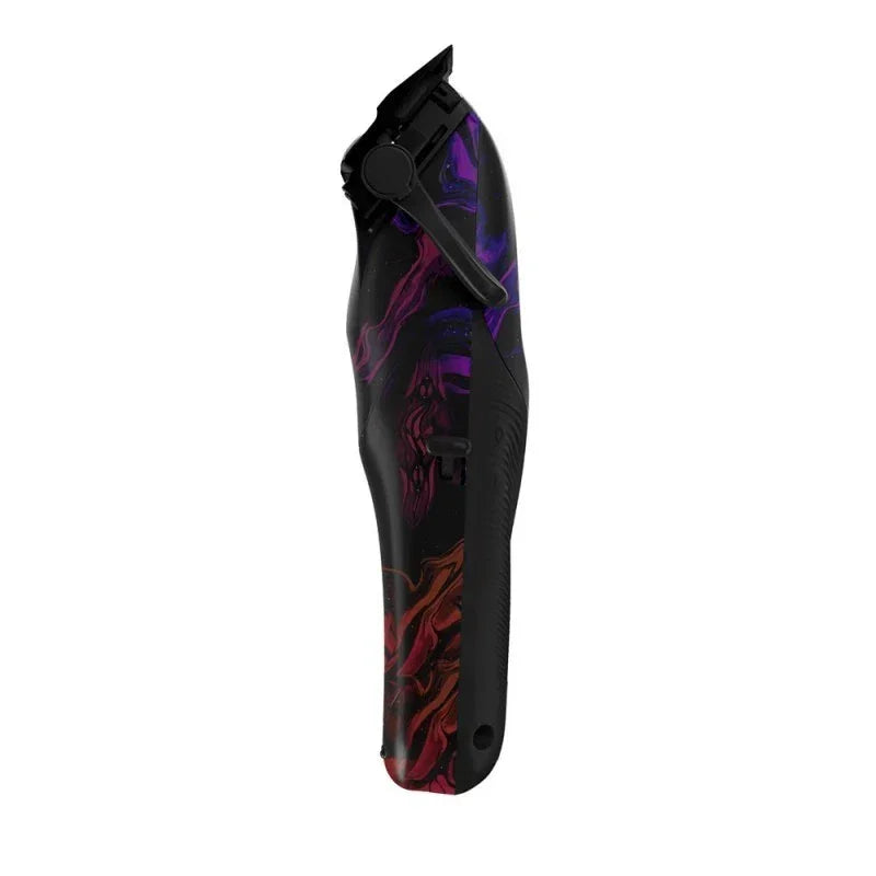 Cordless hair clipper with black and colorful marble design, side view