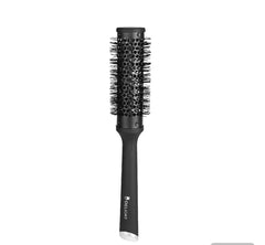 Black round ceramic hairbrush with vented barrel and bristles, ideal for styling and blow-drying