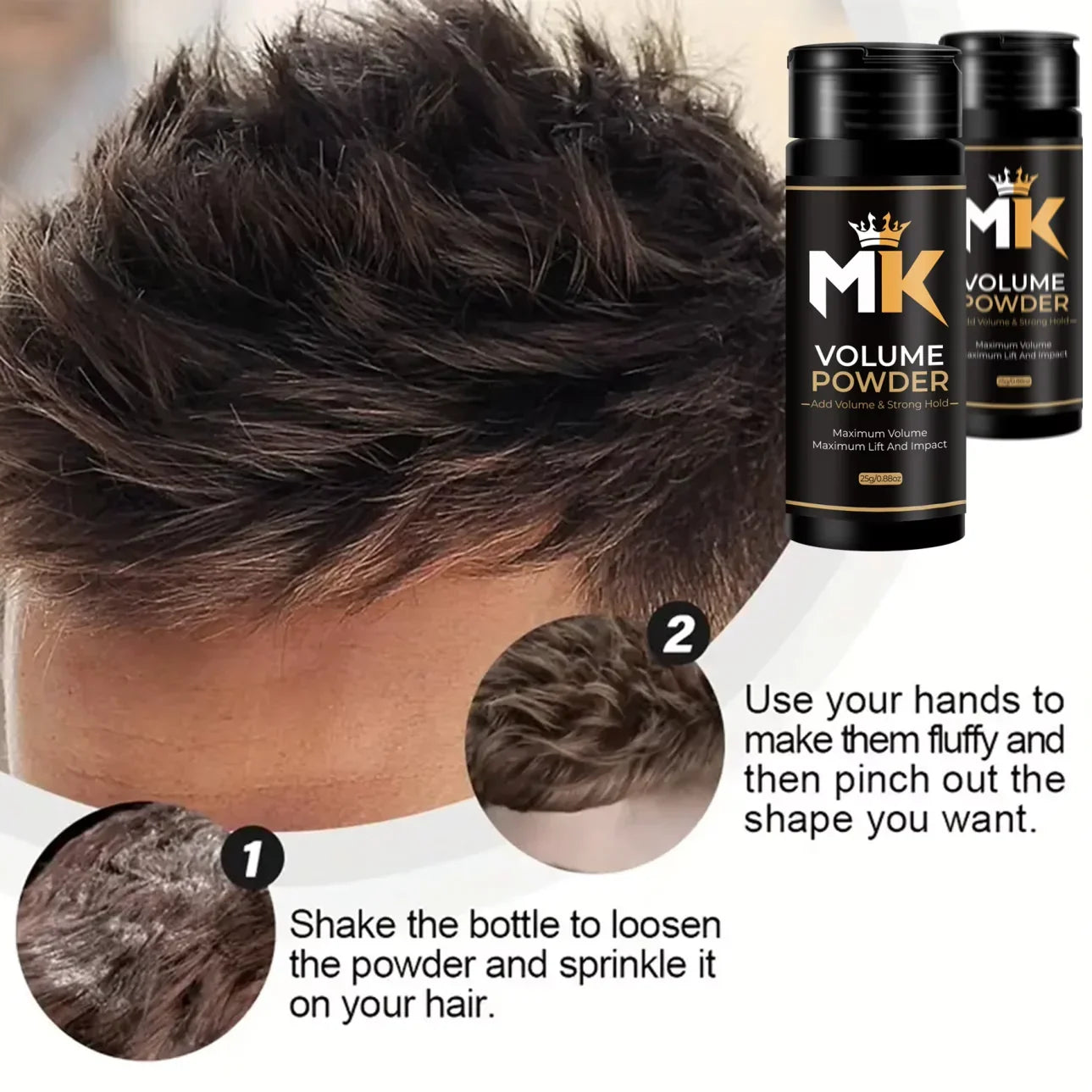 Hair volume powder for men, instructions for use, and styled textured hair close-up