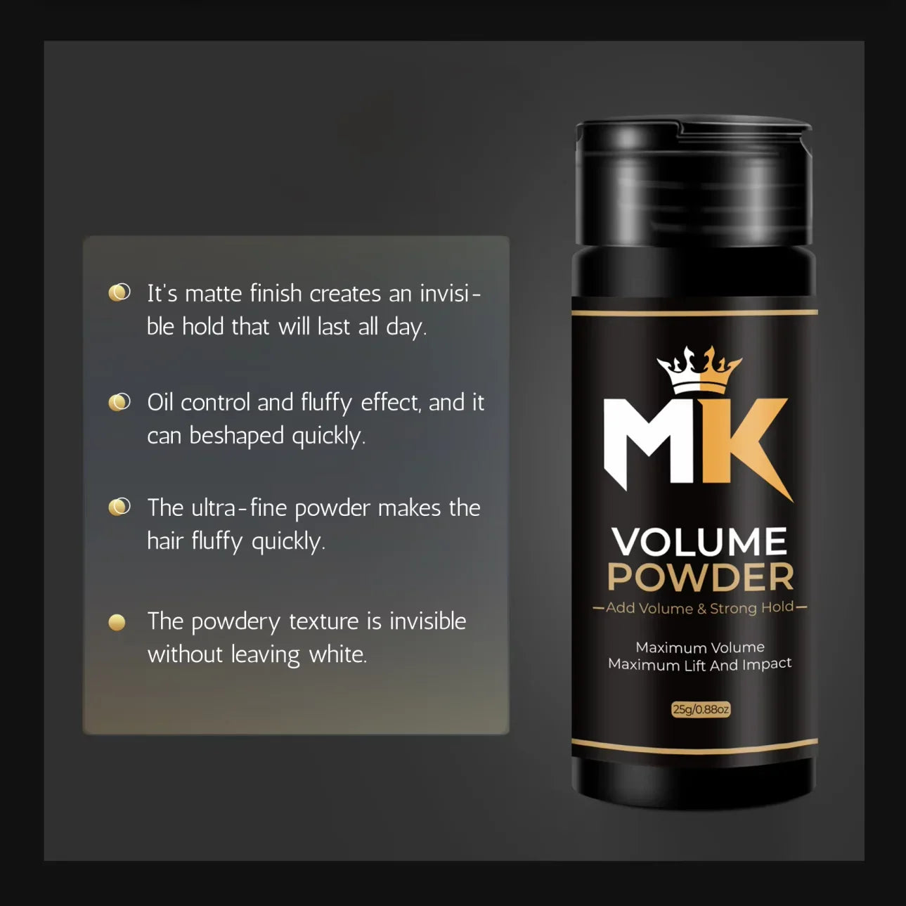 Black bottle of MK Volume Powder for hair with text highlighting matte finish, oil control, and invisible hold.