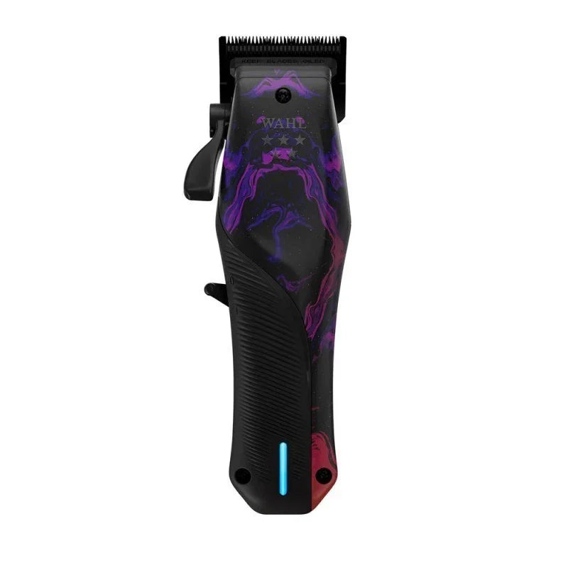 Cordless hair clipper with black and purple marbled design, ergonomic grip