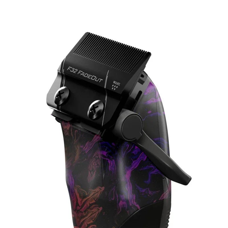 Professional hair clipper with F32 Fadeout blade, black body and colorful swirl design